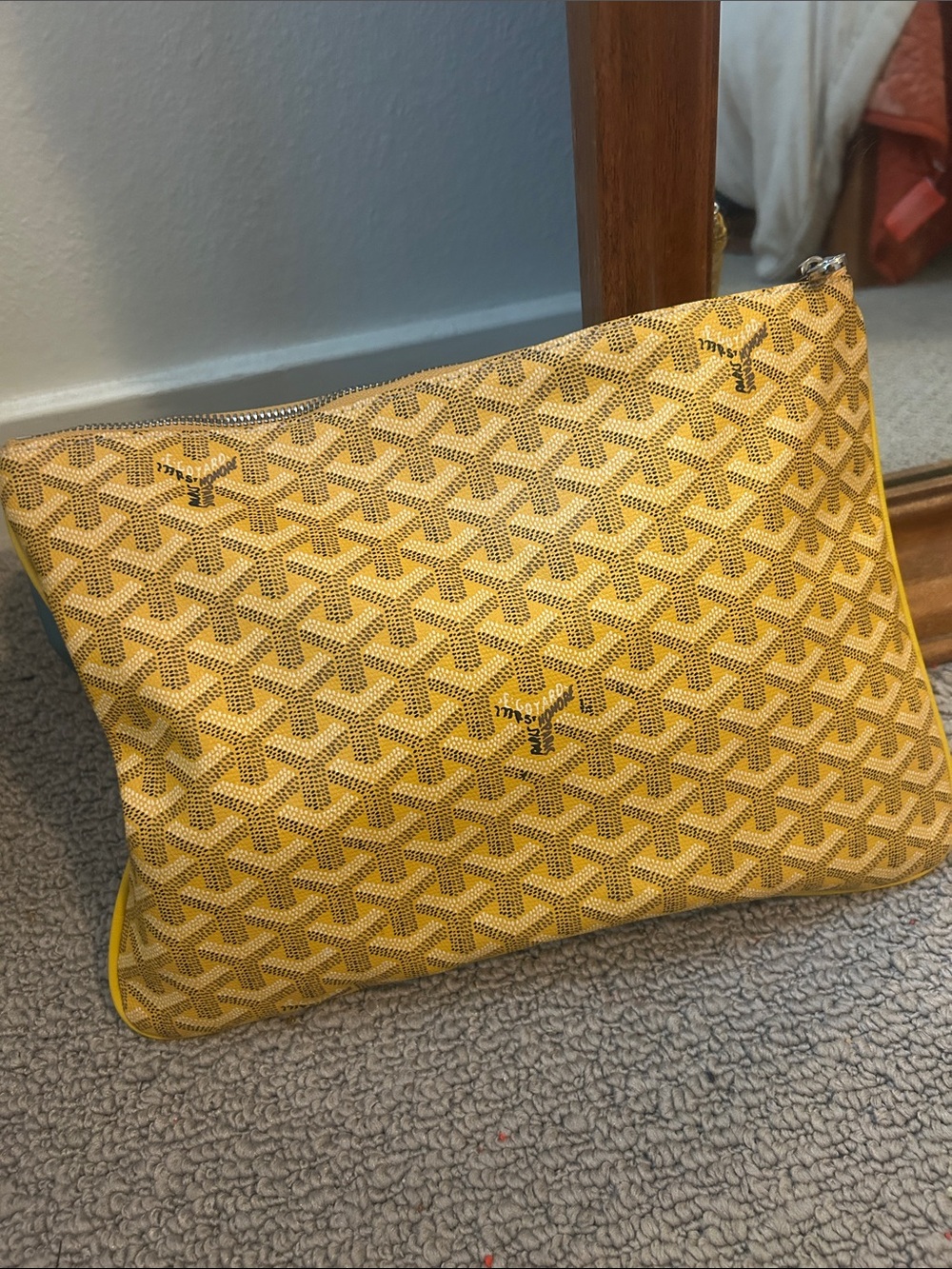 Yellow Goyard-Style Canvas Pouch